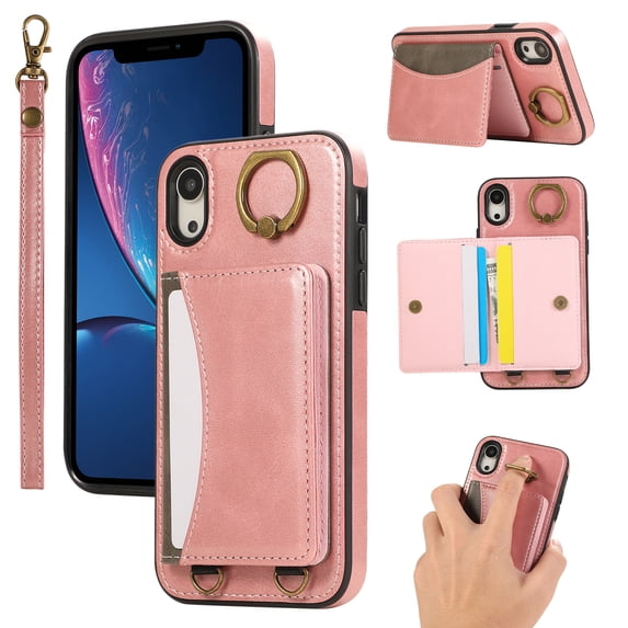 for iPhone XR Wallet Case with Card Slots, Hand Wrist Strap Rotate Ring Design, Finger Grip Ring PU Leather Magnetic Button Shockproof Purse Phone Cover for iPhone XR, Pink