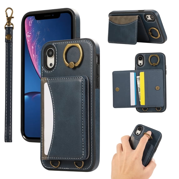 for iPhone XR Wallet Case with Card Slots, Hand Wrist Strap Rotate Ring Design, Finger Grip Ring PU Leather Magnetic Button Shockproof Purse Phone Cover for iPhone XR, Blue