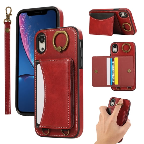 for iPhone XR Wallet Case with Card Slots, Hand Wrist Strap Rotate Ring Design, Finger Grip Ring PU Leather Magnetic Button Shockproof Purse Phone Cover for iPhone XR, Red