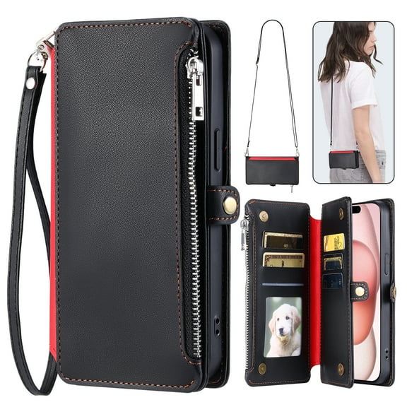 For iPhone XR Wallet Case – Crossbody Strap+Hand Lanyard & Zipper Pocket Credit Card Slots,Drop Tested PU Leather Magnetic Folio Cover with RFID Blocking Card Holder Phone Case,Black