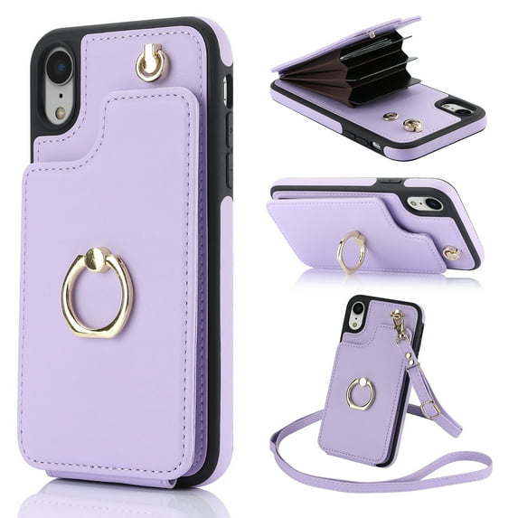 for iPhone XR Wallet Case with Crossbody Strap, Rotation Ring Stand Premium PU Leather with Card Slots TPU Bumper Shockproof Purse Phone Cover for iPhone XR Women Girls, Lightpurple