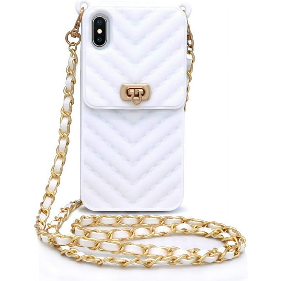 for iPhone XR Wallet Case with Neck Strap Crossbody Chain Credit Card Holder Slot with Handbag Wrist Strap Protective Cover for Girls Women Silicone Shockproof Case for iPhone XR White