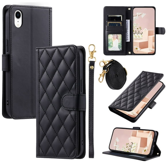 for iPhone XR Wallet Case, Premium PU Leather Magnetic Flip Folio Case with Wrist Strap Credit Card Holder for Women Men Crossbody Strap Phone Case Cover for iPhone XR, Black