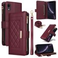 thumbnail image 1 of for iPhone XR Wallet Case with RFID Blocking Card Holder, Kickstand Feature PU Leather Case with Adjustable Crossbody & Short Lanyard Magnetic Clasp Zipper Pocket Flip Cover,Winered, 1 of 9