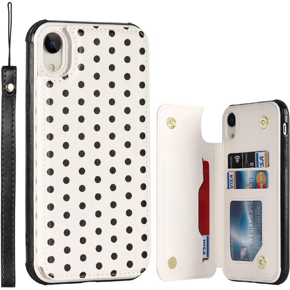 iPhone XR Wallet Case with RFID Blocking Card Holder,Premium PU Leather Double Magnetic Buttons Stand Flip Wrist Lanyard Strap Back Cover for Women Gilrs Case 6.1 Inch,Polka Dots White