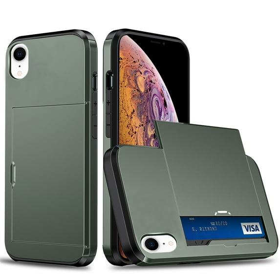 for iPhone XR Wallet Case with Sliding Door Hidden Pocket Credit Card Holder Dual Layer Heavy Duty Shockproof Hard PC Hybrid TPU Phone Flip Protective Cover for iPhone XR, Army Green