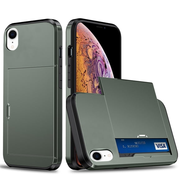 for iPhone XR Wallet Case with Sliding Door Hidden Pocket Credit Card Holder Dual Layer Heavy Duty Shockproof Hard PC Hybrid TPU Phone Flip Protective Cover for iPhone XR, Army Green