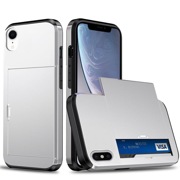 for iPhone XR Wallet Case with Sliding Door Hidden Pocket Credit Card Holder Dual Layer Heavy Duty Shockproof Hard PC Hybrid TPU Phone Flip Protective Cover for iPhone XR, Silver