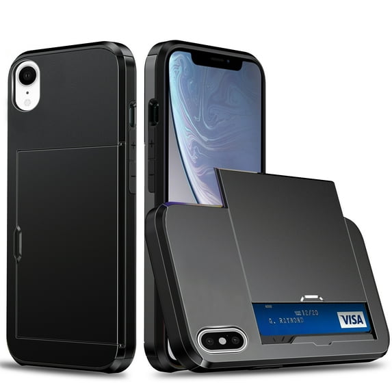 for iPhone XR Wallet Case with Sliding Door Hidden Pocket Credit Card Holder Dual Layer Heavy Duty Shockproof Hard PC Hybrid TPU Phone Flip Protective Cover for iPhone XR, Black
