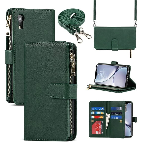 for iPhone XR Wallet Case, iPhone XR Phone Case for Women with Card Holder, iPhone XR Cases for Men, Crossbody PU Leather Case for Girls with Strap and Credit Card Holders,6.1" Dark Green