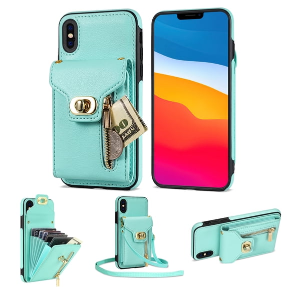 for iPhone XR Wallet Case, iPhone XR Zipper Purse Crossbody Wallet Phone Case with Lanyard, Metal Buckle Closure PU Leather Card Holder Kickstand Flip Folio Protective Cover,Mint