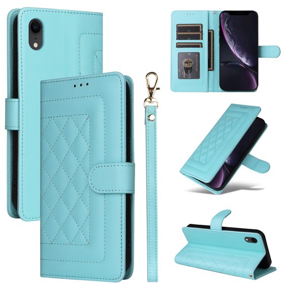 for iPhone XR Wallet Flip Case, Classic PU Leather Card Slots with Lanyard Magnetic Closure Kickstand Drop Protective Soft TPU Inner Phone Case Cover for iPhone XR, Mint