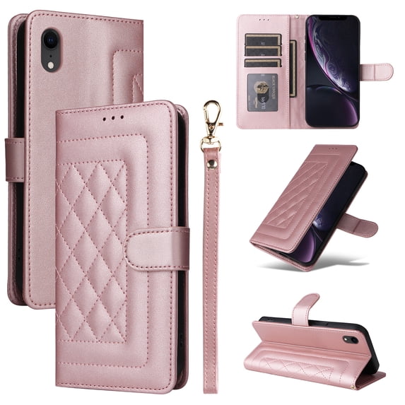 for iPhone XR Wallet Flip Case, Classic PU Leather Card Slots with Lanyard Magnetic Closure Kickstand Drop Protective Soft TPU Inner Phone Case Cover for iPhone XR, Rosegold