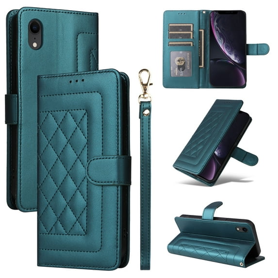 for iPhone XR Wallet Flip Case, Classic PU Leather Card Slots with Lanyard Magnetic Closure Kickstand Drop Protective Soft TPU Inner Phone Case Cover for iPhone XR, Darkgreen