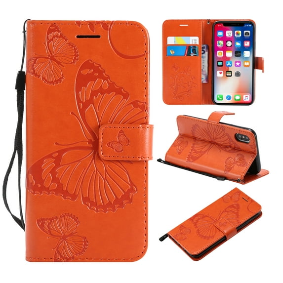 iPhone XR Wallet case, Allytech Pretty Retro Embossed Butterfly Flower Design PU Leather Book Style Wallet Flip Case Cover for Apple iPhone XR 6.1", Orange