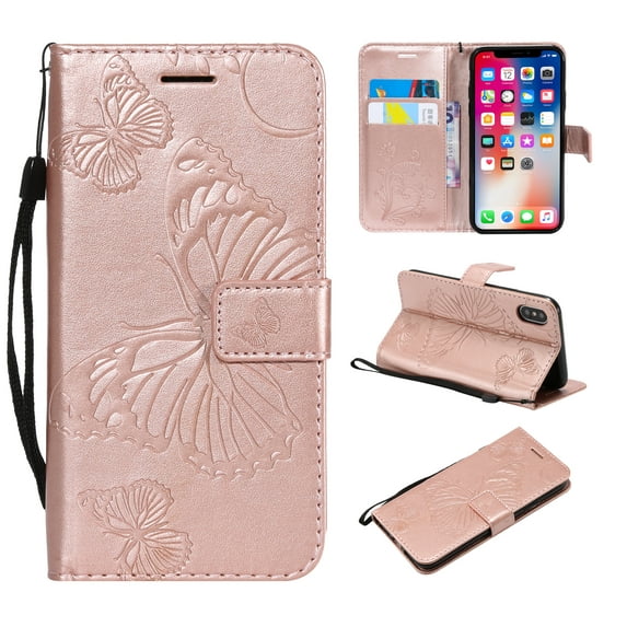 iPhone XR Wallet case, Allytech Pretty Retro Embossed Butterfly Flower Design PU Leather Book Style Wallet Flip Case Cover for Apple iPhone XR 6.1", Rosegold
