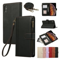 for iPhone XR Wallet case with Card Holder for Women Men,Phone case RFID Blocking PU Leather Flip Cover with Strap Zipper Credit Card Slots,Kickstand,With Wrist Strap,Black