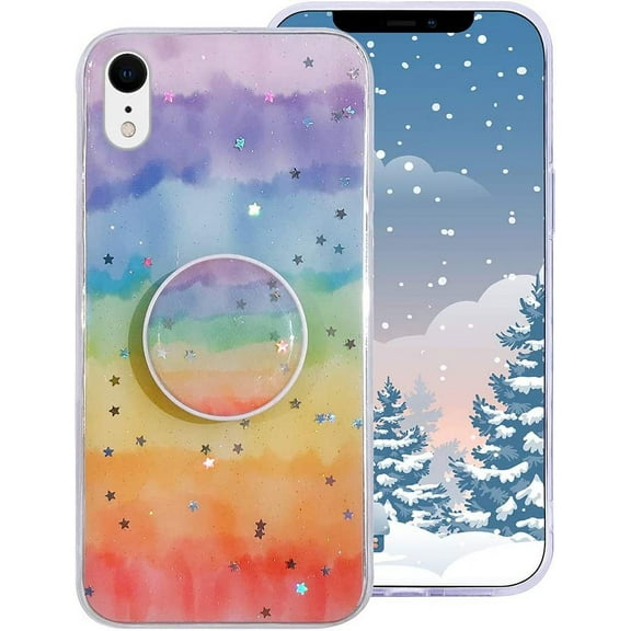 for iPhone XR Women Girls Glitter Rainbow Case Luxury Bling Star Sequins Gradient with Stand Soft Silicone Rubber Bumper Slim Flexible Protective Cover Case for iPhone XR