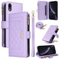 thumbnail image 1 of for iPhone XR Zipper Pocket Wallet Magnetic Closure Cover Crossbody + Wrist Strap [ 7 Cards Slot] Flip Kickstand RFID Blocking Shoulder Strap PU Leather Purse Shockproof Case,Purple, 1 of 9