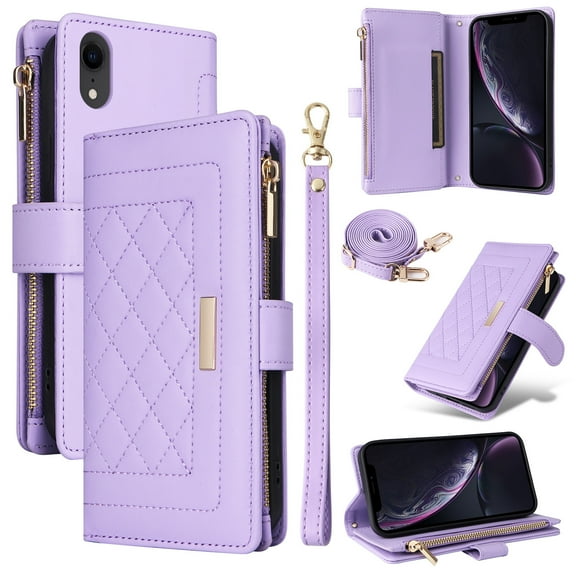 for iPhone XR Zipper Pocket Wallet Magnetic Closure Cover Crossbody + Wrist Strap [ 7 Cards Slot] Flip Kickstand RFID Blocking Shoulder Strap PU Leather Purse Shockproof Case,Purple