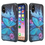 iPhone XS Case, iPhone X [Shock Proof] Hybrid Dual Layer Armor Defender Protective Phone Case Cover (Blue Butterfly)