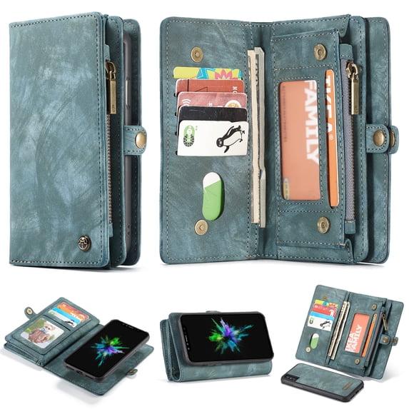 iPhone XS Max 2018) Case, Alleytech 2 in 1 Handmade Leather Zipper Wallet Case with Detachable Cover & Card Slots + Side Cash Pocket + Magnetic Clasp Closure for Apple iPhone XS Max (6.5"), Green