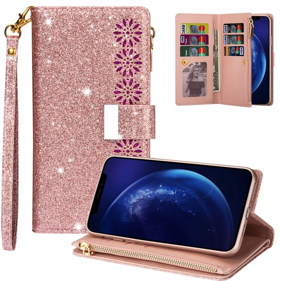 iPhone XS Max 6.5" Case, Allytech PU Leather Hand Strap Cards Slots Protective Kickstand Folio Flip Mangetic Clasp Shock-Absorption TPU Back Cover for Apple iPhone XS Max 6.5-inch, Rosegold
