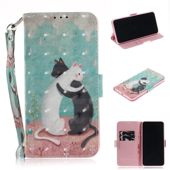 iPhone XS Max Case, iPhone XS Max 2018 Case, Allytech 3D PU Leather Protective Cover & Pocket Lanyard Wallet with Cards Holder, Support Kickstand Slim Case for Apple iPhone XS Max, Black & White Cat