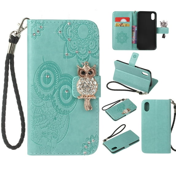 iPhone XS Max Case 6.5", Allytech Glitter Owl Leather Book Cover with Cards Holder Hand Strap Kickstand Full Protective Folio Flip Shock-Absorbing Case for Apple iPhone XS Max 2018, Green