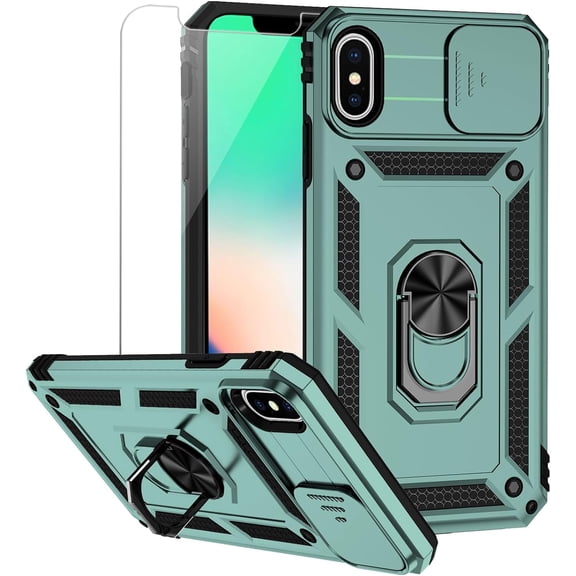 for iPhone XS Max Case with Camera Lens Cover HD Screen Protector, Dual Layer Military Grade Drop Protection Magnetic Ring Holder Kickstand Protective Phone Case for iPhone XS Max 6.5 inch