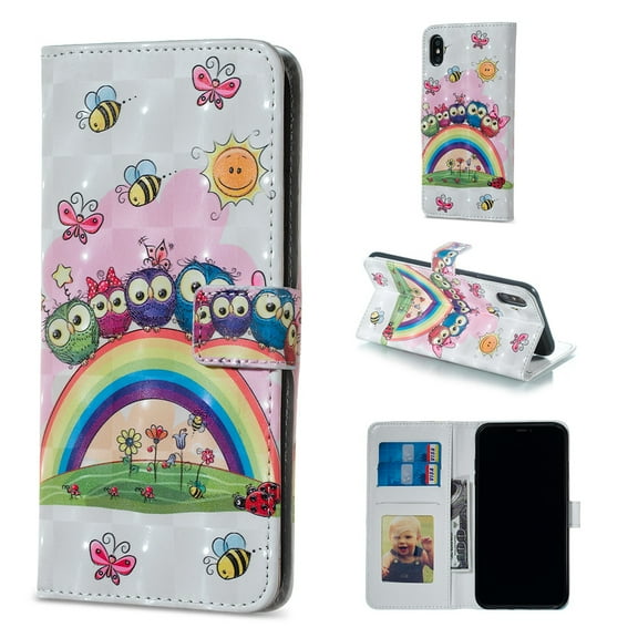 iPhone XS Max Case Wallet, Allytech 3D Emboss Leather Flip Protective Case Cover & Credit Card Slots Pocket, Support Kickstand Slim Case for Apple iPhone XS Max 2018 (6.5") (Rainbow Owl)