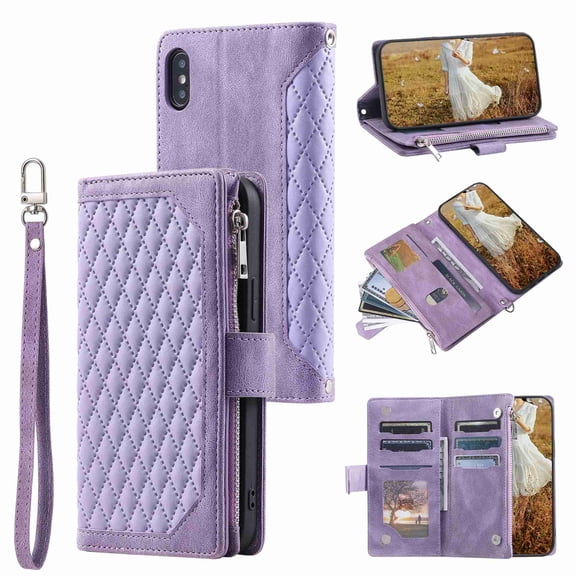 iPhone XS Max Case, Zipper Wallet Purse Card Slot Premium Soft PU Leather Zipper Flip Folio Wallet with Wrist Strap Kickstand Protective Cover,Purple