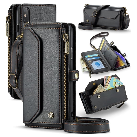 for iPhone XS Max Full Body Protection Wallet Folio Flip Case, Shoulder Strap & Wristlet Card Slots Zipper Pocket RFID Blocking Rugged Durable PU Leather Phone Case Cover, Black