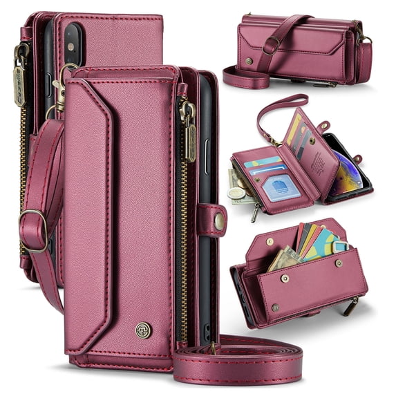for iPhone XS Max Full Body Protection Wallet Folio Flip Case, Shoulder Strap & Wristlet Card Slots Zipper Pocket RFID Blocking Rugged Durable PU Leather Phone Case Cover, Winered