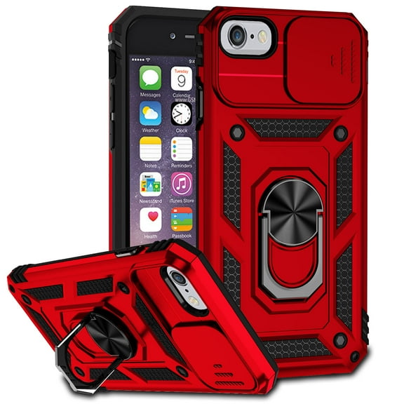 iPhone XS Max Kickstand Armor Case with Slide Camera Lens Protection Cover Built-in 360° Rotate Ring Holder Stand Magnetic Military Shockproof Phone Cover Case, Red