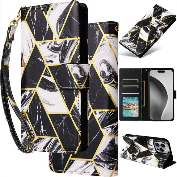 for iPhone XS Max Leather Case Wallet Luxury Marble Pattern Gold Diamond Edge Folio Flip Cover Kickstand, ID Credit Card Holder Cash Slot, Magnetic Clasp, Hand Wrist Strap