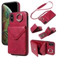 thumbnail image 1 of for iPhone XS Max PU Leather Back + TPU Frame Rugged Case, Classic 360 Rotating Ring Kickstand Card Slots Shoulder Strap Drop Protective Slim Fit Shockproof Phone Case Cover, Red, 1 of 12