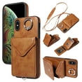 thumbnail image 1 of for iPhone XS Max PU Leather Back + TPU Frame Rugged Case, Classic 360 Rotating Ring Kickstand Card Slots Shoulder Strap Drop Protective Slim Fit Shockproof Phone Case Cover, Brown, 1 of 12