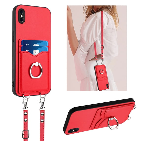 for iPhone XS Max PU Leather Case, Wallet Case with Ring Stand Kickstand Shockproof Protective for Women Girls Card Holder Slot Stand Shoulder Strap Case for iPhone XS Max, Red
