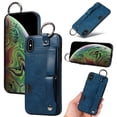 thumbnail image 1 of for iPhone XS Max Wallet Case with Card Holder, Hand Wrist Strap Loop Holder Kickstand, Finger Grip Ring PU Leather Double Buttons Shockproof Soft TPU Cover for iPhone XS Max, Blue, 1 of 10