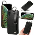 thumbnail image 1 of for iPhone XS Max Wallet Case with Card Holder, Hand Wrist Strap Loop Holder Kickstand, Finger Grip Ring PU Leather Double Buttons Shockproof Soft TPU Cover for iPhone XS Max, Black, 1 of 10