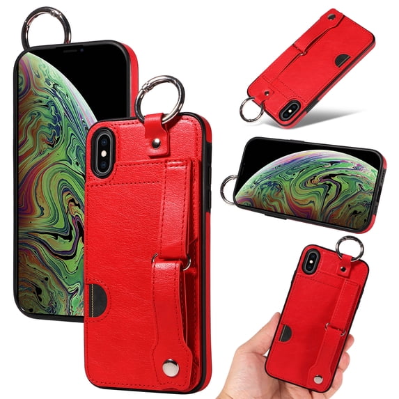 for iPhone XS Max Wallet Case with Card Holder, Hand Wrist Strap Loop Holder Kickstand, Finger Grip Ring PU Leather Double Buttons Shockproof Soft TPU Cover for iPhone XS Max, Red