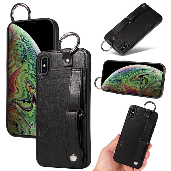 for iPhone XS Max Wallet Case with Card Holder, Hand Wrist Strap Loop Holder Kickstand, Finger Grip Ring PU Leather Double Buttons Shockproof Soft TPU Cover for iPhone XS Max, Black