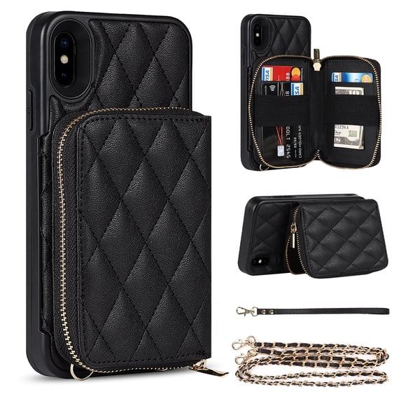 iPhone XS Max Wallet Case and Cover, Allytech Zipper Case with Card Holder Slot Crossbody Chain Strap Handbag Purse Wrist Strap Shockproof PU Leather Case for iPhone XS Max 6.5", Black