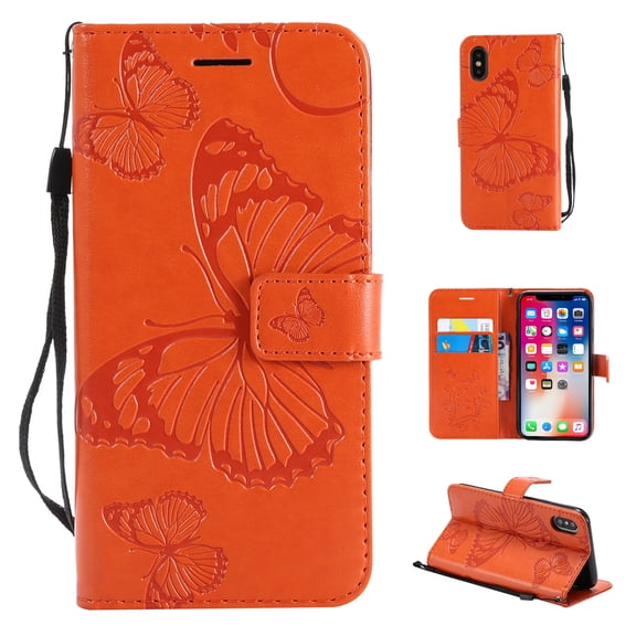 iPhone XS Max Wallet Case, Dteck Embossed Butterfly Magnetic Flip PU Leather Folio Stand Case Cover Built-in Card Slots & Money Pocket, with wrist Strap, For Apple iPhone XS Max, Orange