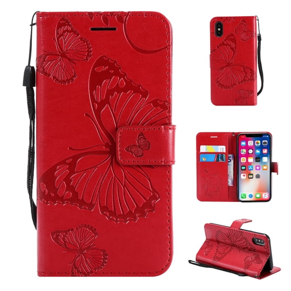 iPhone XS Max Wallet Case, Dteck Embossed Butterfly Magnetic Flip PU Leather Folio Stand Case Cover Built-in Card Slots & Money Pocket, with wrist Strap, For Apple iPhone XS Max, Red