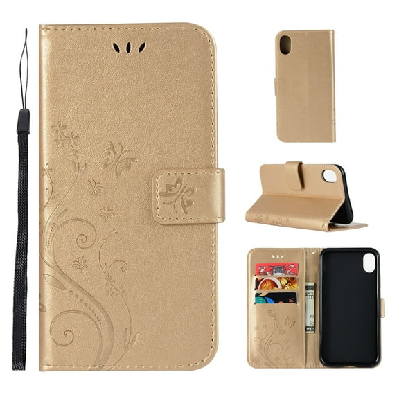 iPhone XS Max Wallet Case, Dteck Embossed Flower Butterfly Magnetic Flip PU Leather Folio Stand Case Cover Built-in Card Slots & Money Pocket, with wrist Strap, For Apple iPhone XS Max, Gold