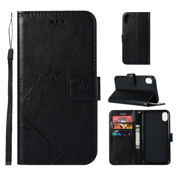iPhone XS Max Wallet Case, Dteck Embossed Flower Butterfly Magnetic Flip PU Leather Folio Stand Case Cover Built-in Card Slots & Money Pocket, with wrist Strap, For Apple iPhone XS Max, Black