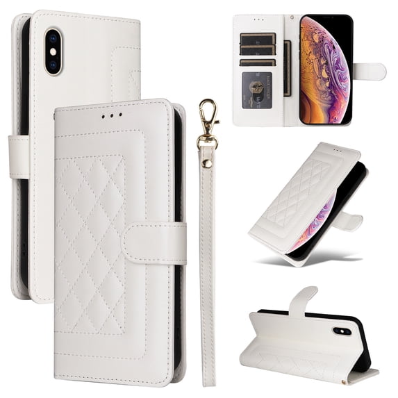 for iPhone XS Max Wallet Flip Case, Classic PU Leather Card Slots with Lanyard Magnetic Closure Kickstand Drop Protective Soft TPU Inner Phone Case Cover for iPhone XS Max, White