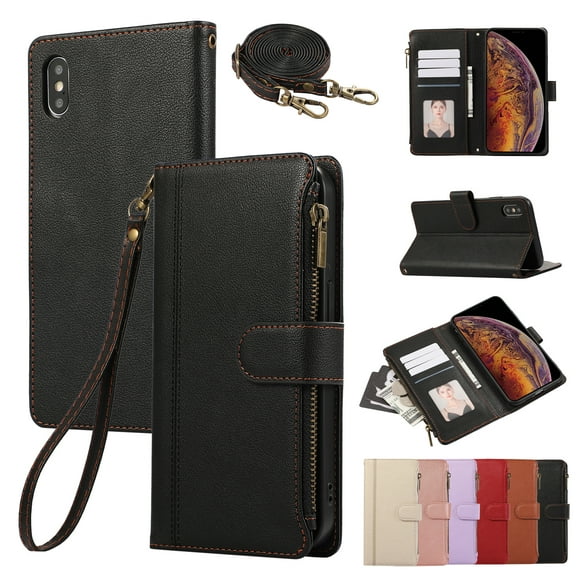 for iPhone XS Max Wallet case with Card Holder for Women Men,Phone case RFID Blocking PU Leather Flip Cover with Strap Zipper Credit Card Slots,Kickstand,With Wrist Strap,Black